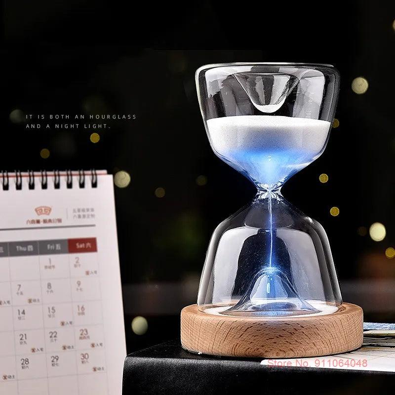 Luminous Remote Control Glass Hourglass 15 Minutes Time Timer Free Customized Laser Lettering Wood Bottom Night Light Sandglass - DDD.MARKET