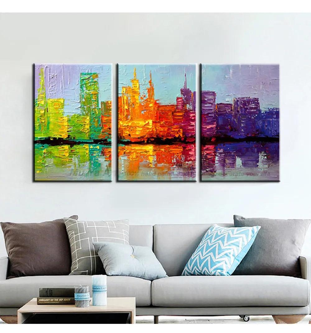 Abstract handmade  landscape 3 piece canvas art city knife painting on canvas wall picture for living room paintings wall decor