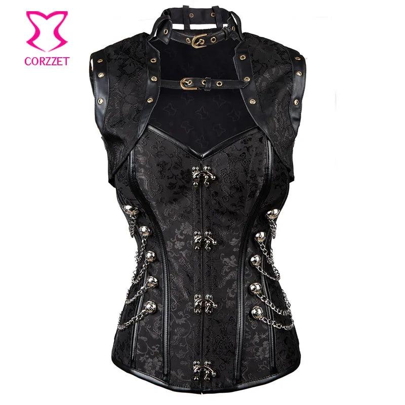 Corzzet Black Brocade Steampunk Corset Armor Waist slimming Steel Boned Bustiers Top Burlesque Halloween Overbust Corset Jacket