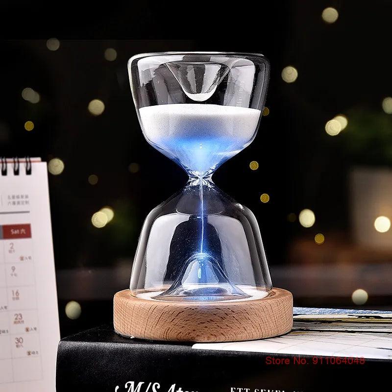 Luminous Remote Control Glass Hourglass 15 Minutes Time Timer Free Customized Laser Lettering Wood Bottom Night Light Sandglass - DDD.MARKET