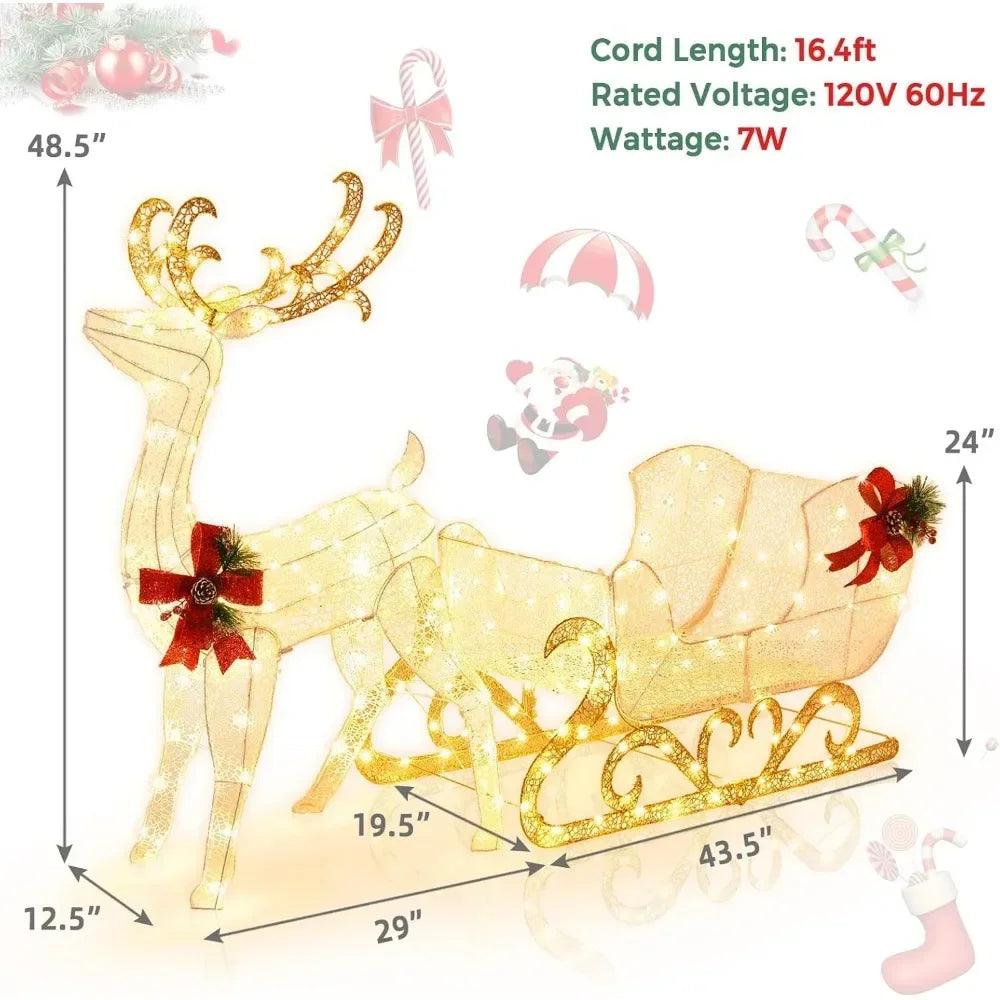 6 FT Christmas Lighted Reindeer & Santa’s Sleigh, Xmas Lighted Outdoor Yard Decoration W/ 215 LED Lights & 4 Ground Sta