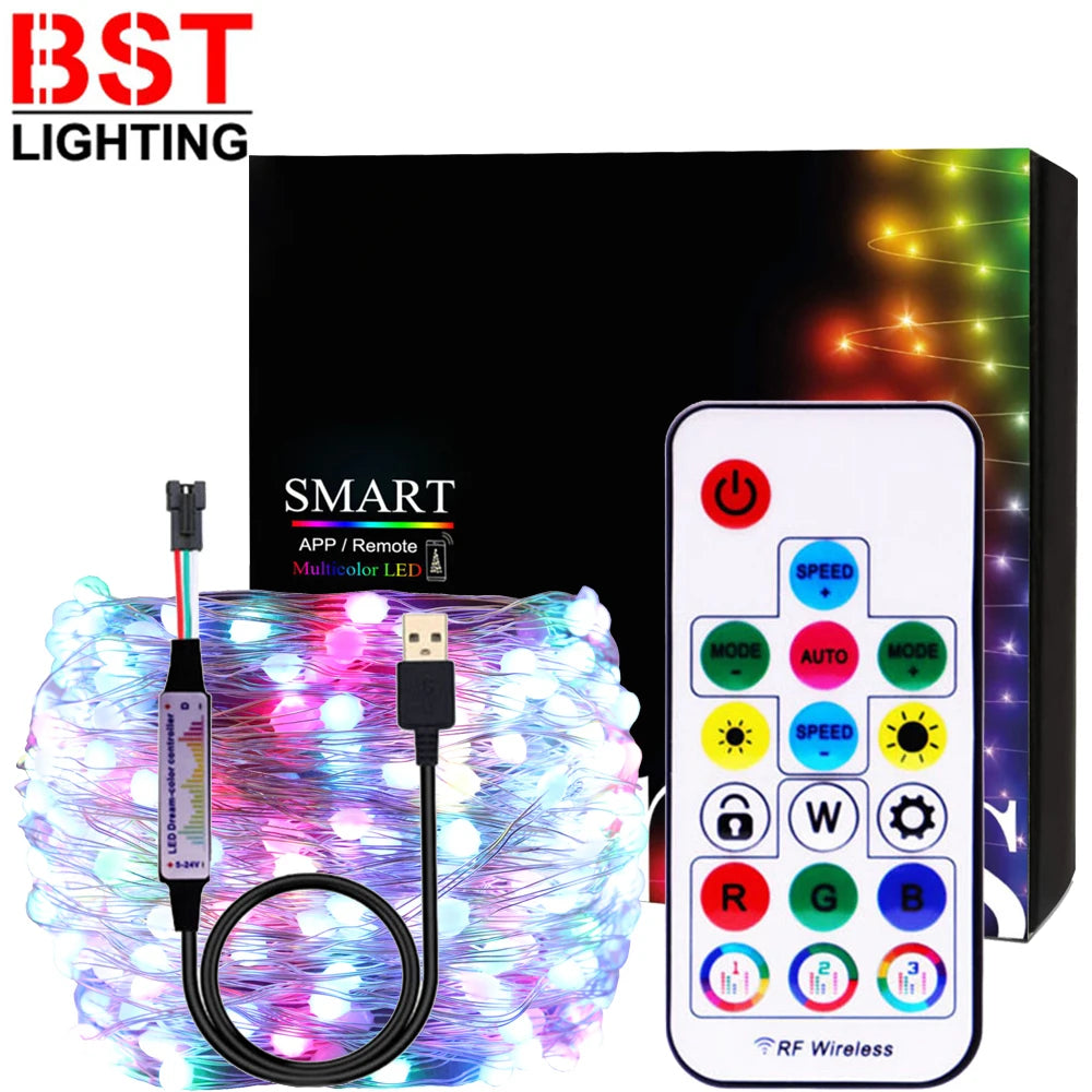 WS2812B Christmas USB LED String Lights WS2812 Colorful Addressable Individually IC Led Strip Bluetooth Music Controller DC5V