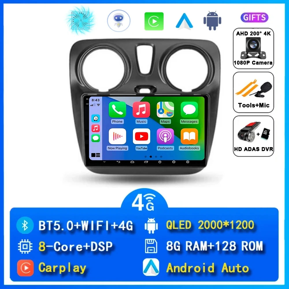 Android 14 Auto Carplay Car Radio For Renault Lodgy Dacia Dokker 2012 - 2020 Navigation GPS Multimedia Player Stereo WiFi+4G BT