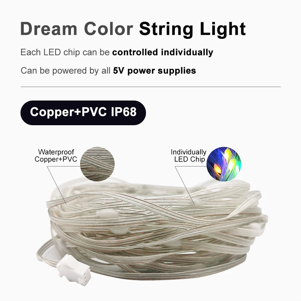 DC5V Addressable Individually WS2812B Led String 3Pin Green Transparent Wire 5050 RGB Christmas Lights Waterproof Decoration 25M