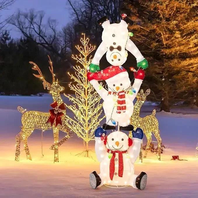 5.6 FT Lighted Christmas Stacked Snowmen Decoration, Pre-Lit Snowmen Ornament with LED Lights, Light String, Outside Xm