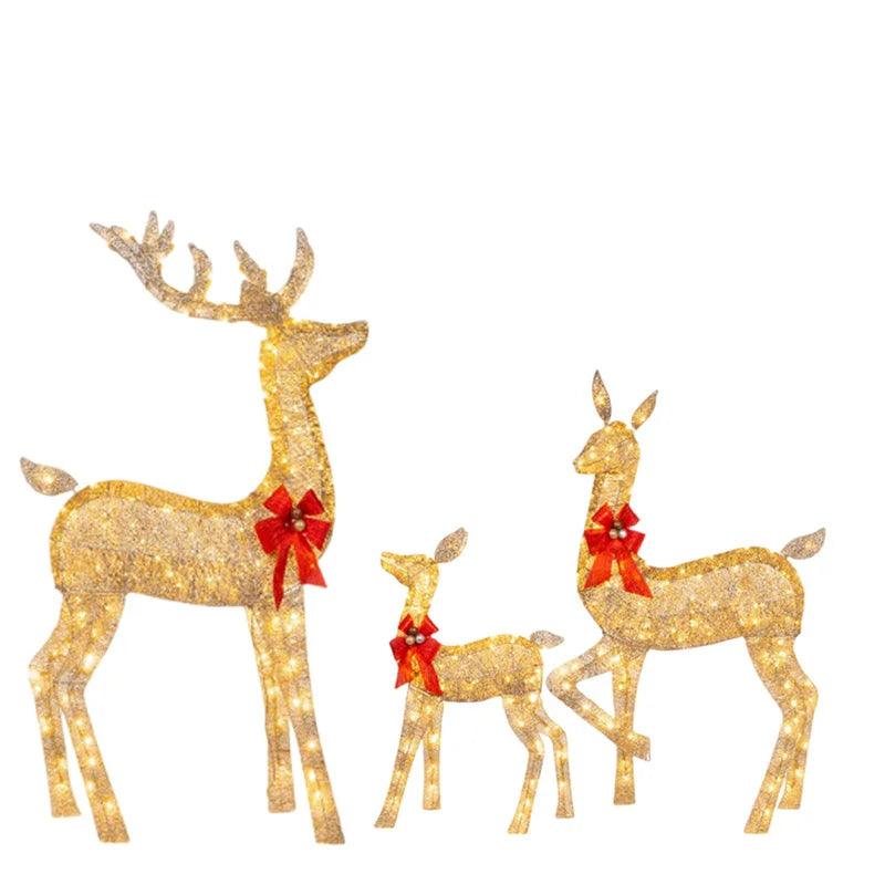 3Pcs Iron Art Elk Deer Christmas Garden Decoration With LED Light Glowing Glitter Reindeer Xmas Home Outdoor Yard Ornament Decor