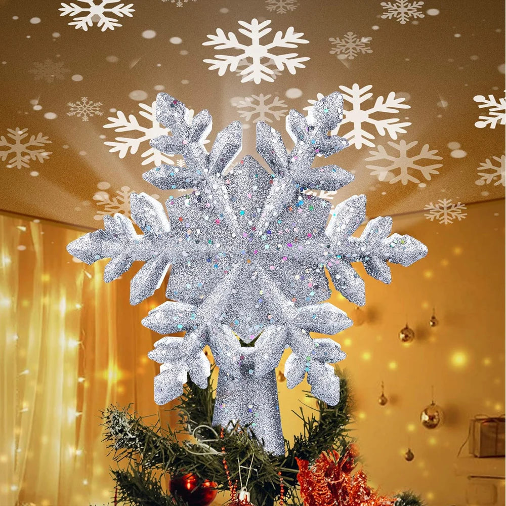 Christmas Tree Topper Lighted with Built-in Led Rotating Snowflake Projector Lights, 9.6” Hollowed Tree Topper with Plug