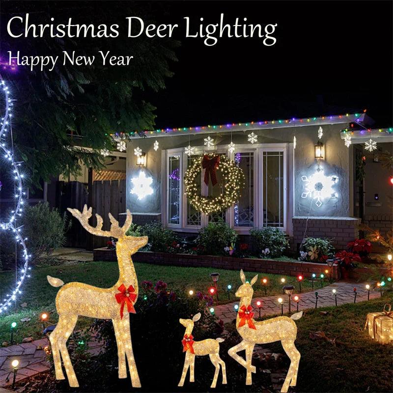 3Pcs Iron Art Elk Deer Christmas Garden Decoration With LED Light Glowing Glitter Reindeer Xmas Home Outdoor Yard Ornament Decor