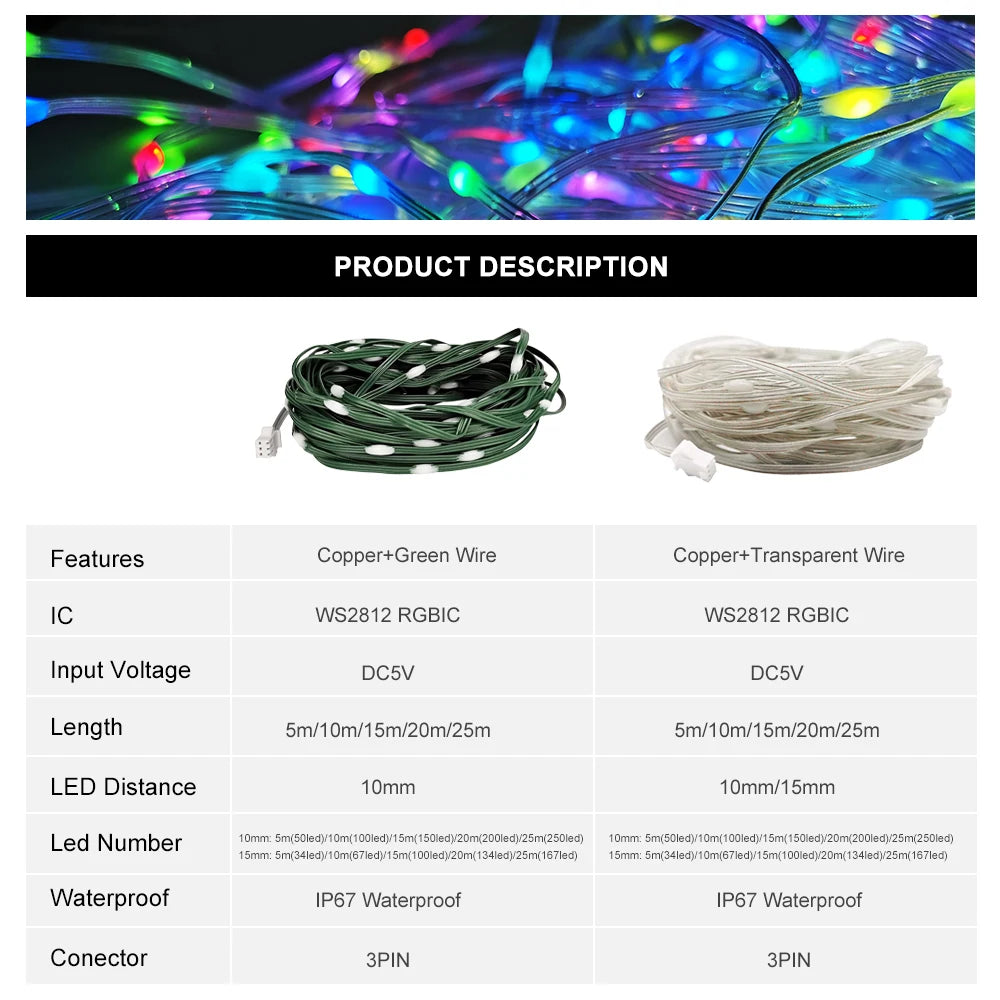 DC5V Addressable Individually WS2812B Led String 3Pin Green Transparent Wire 5050 RGB Christmas Lights Waterproof Decoration 25M