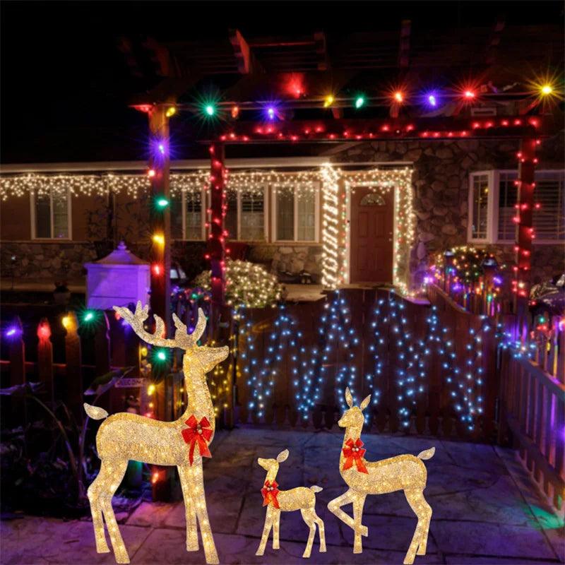 3Pcs Iron Art Elk Deer Christmas Garden Decoration With LED Light Glowing Glitter Reindeer Xmas Home Outdoor Yard Ornament Decor