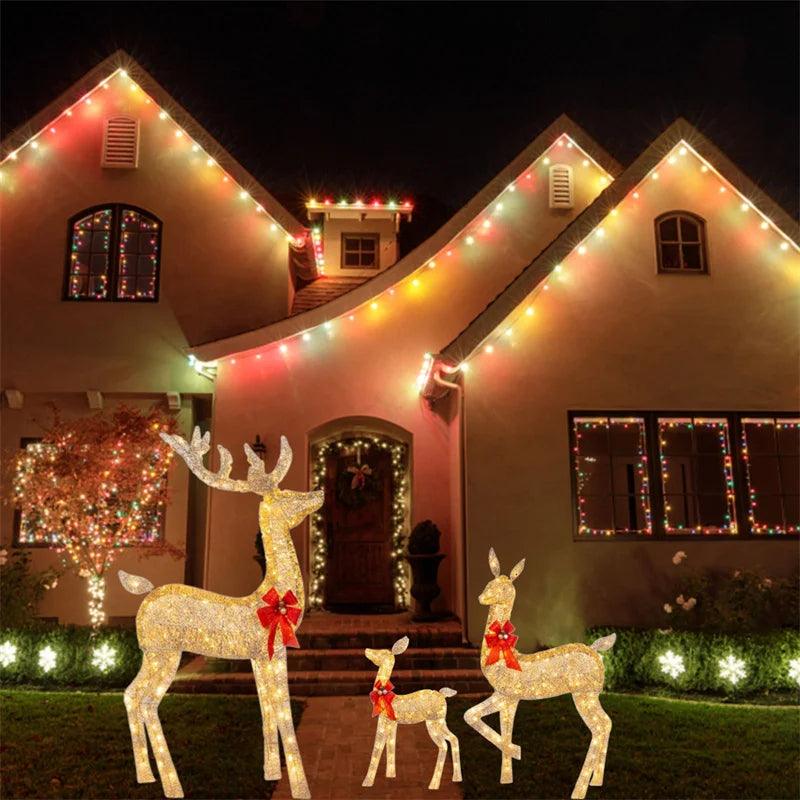 3Pcs Iron Art Elk Deer Christmas Garden Decoration With LED Light Glowing Glitter Reindeer Xmas Home Outdoor Yard Ornament Decor