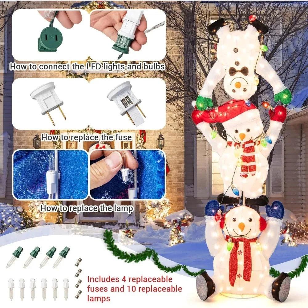 5.6 FT Lighted Christmas Stacked Snowmen Decoration, Pre-Lit Snowmen Ornament with LED Lights, Light String, Outside Xm