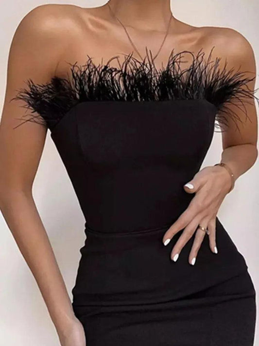 New Summer Sexy Strapless Backless Feather Black Midi Women Bodycon Bandage Dress 2022 Designer Fashion Party Club Dress Vestido - DDD.MARKET