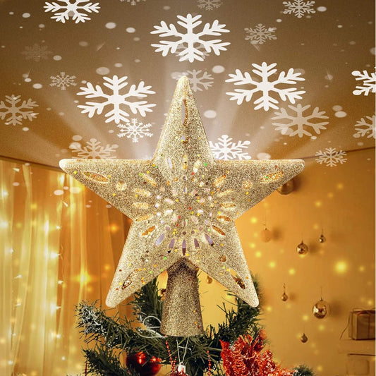 Christmas Tree Topper Lighted with Built-in Led Rotating Snowflake Projector Lights, 9.6” Hollowed Tree Topper with Plug