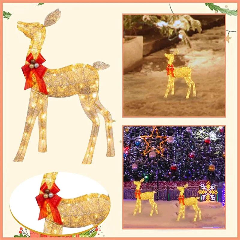 3Pcs Iron Art Elk Deer Christmas Garden Decoration With LED Light Glowing Glitter Reindeer Xmas Home Outdoor Yard Ornament Decor