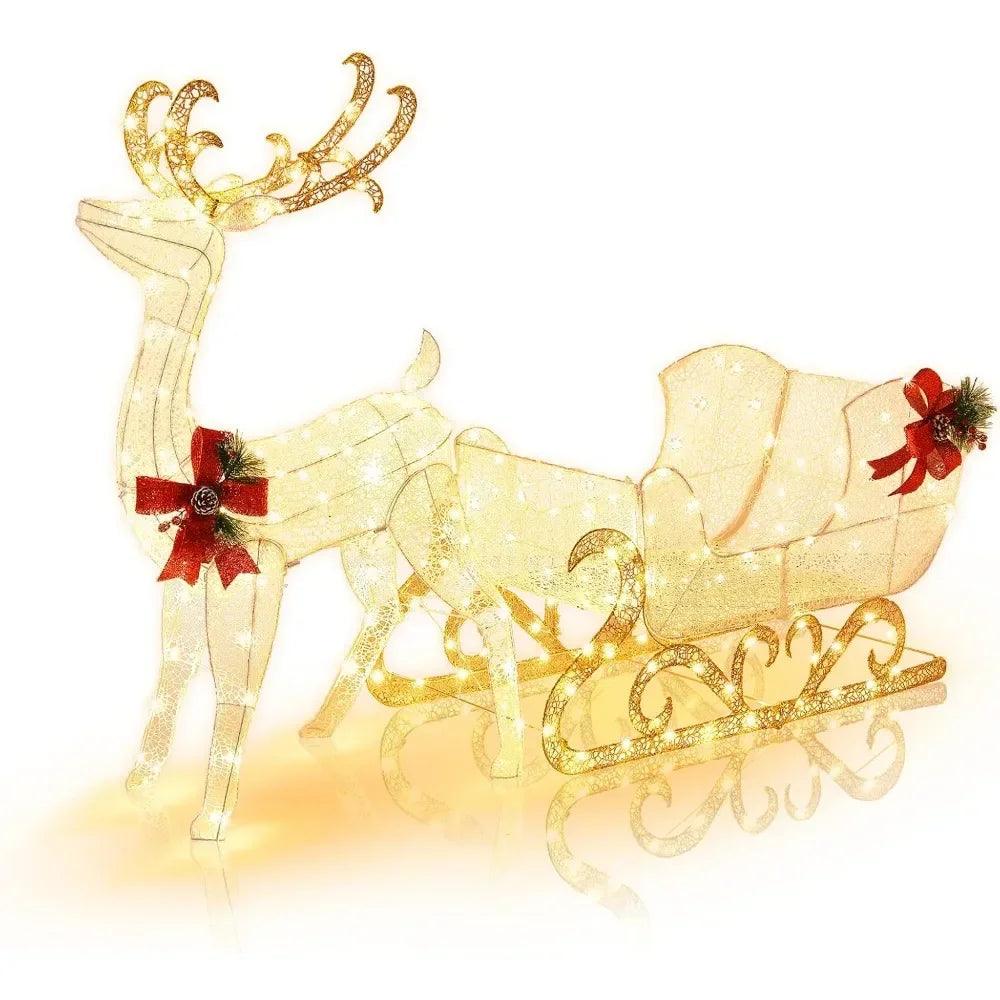 6 FT Christmas Lighted Reindeer & Santa’s Sleigh, Xmas Lighted Outdoor Yard Decoration W/ 215 LED Lights & 4 Ground Sta