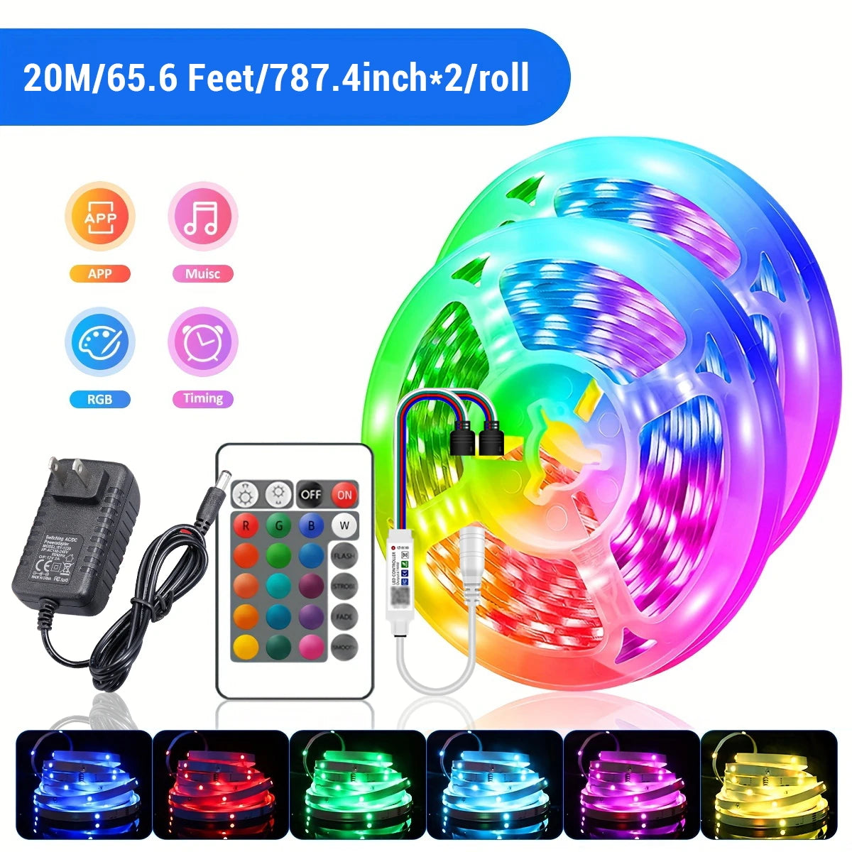 30LEDS/m  5050 RGB Light Strip Bluetooth App Control 12V DC US Power Supply LED Flexible Ribbon Diode Tape for TV Backlight Room