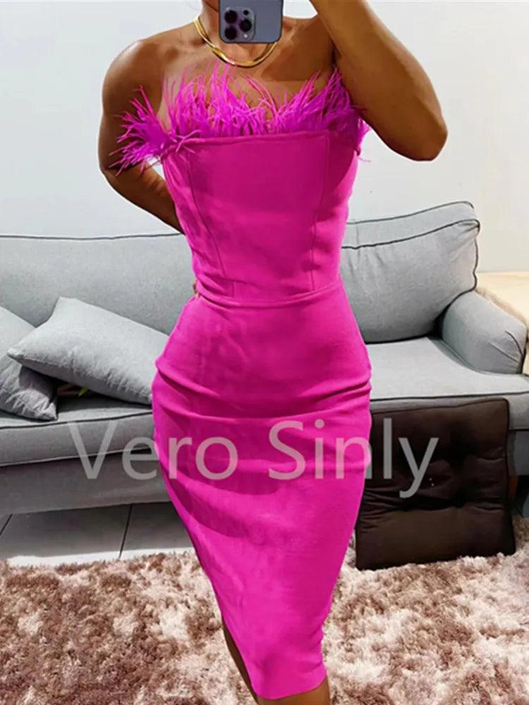 New Summer Sexy Strapless Backless Feather Black Midi Women Bodycon Bandage Dress 2022 Designer Fashion Party Club Dress Vestido - DDD.MARKET