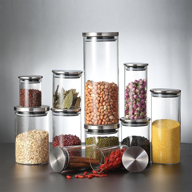 Container for Cereals Glass Jars with Stainless Steel Cover Glass Spice Jars Storage Tank Food Contain Coffee Bean Jars - DDD.MARKET