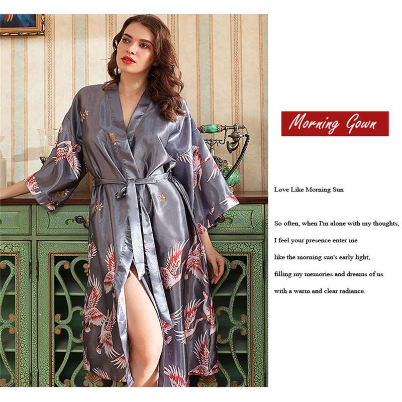 Japanese Style Long Loose Satin Peacock Woman Yukata Dress Pajamas Oriental Crane Kimono Haori Chinese Qipao Nightgown Robe - DDD.MARKET