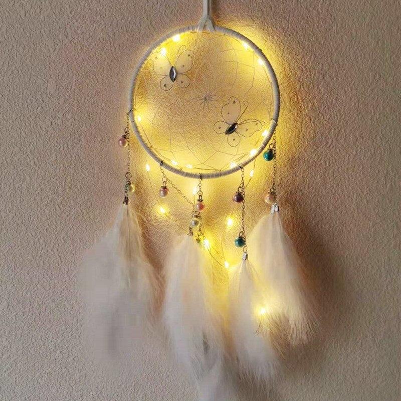 LED Lamp Flying Wind Chimes Lighting Dream Catcher Handmade Gifts Dreamcatcher Feather Pendant Romantic Creative Wall Hanging - DDD.MARKET