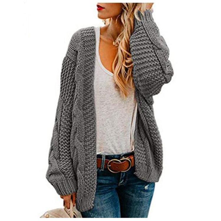 2021 spring and autumn new thick needle twist knit cardigan women&#39;s mid-length solid color casual loose coat cardigan - DDD.MARKET