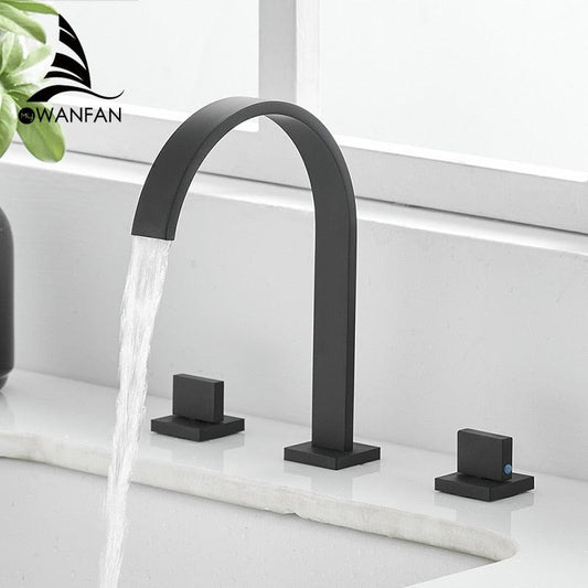 Basin Faucets Brass Polished Black Deck Mounted Square Bathroom Sink Faucets 3 Hole Double Handle Hot And Cold Water Tap LT-109R - DDD.MARKET