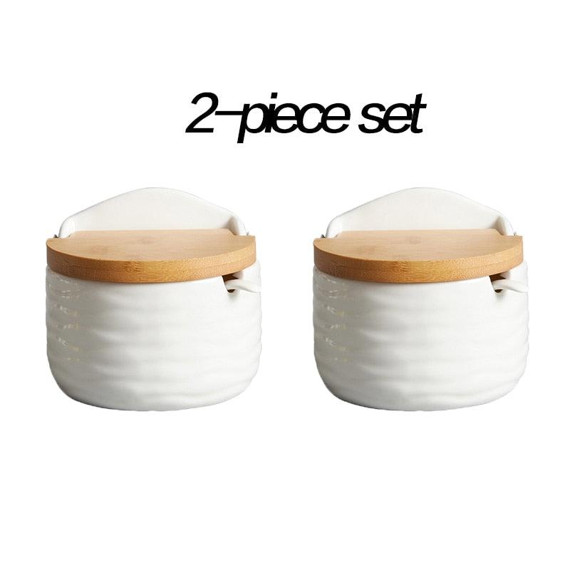 Set of 4 Ceramic Seasoning Rack Spice Pots Bowls With Spoon &amp; Porcelain Box and Bamboo Cover - Storage Container Condiment Jars - DDD.MARKET