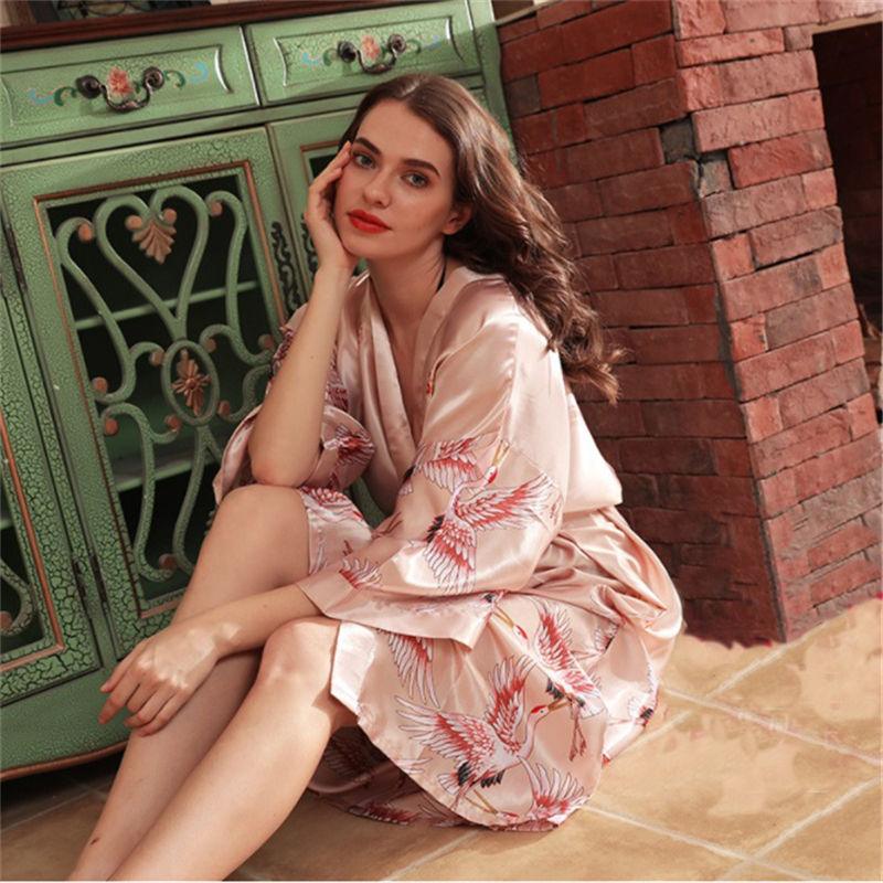 Japanese Style Long Loose Satin Peacock Woman Yukata Dress Pajamas Oriental Crane Kimono Haori Chinese Qipao Nightgown Robe - DDD.MARKET