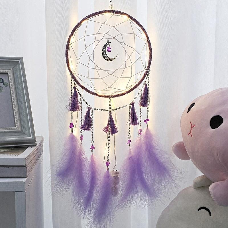 LED Lamp Flying Wind Chimes Lighting Dream Catcher Handmade Gifts Dreamcatcher Feather Pendant Romantic Creative Wall Hanging - DDD.MARKET