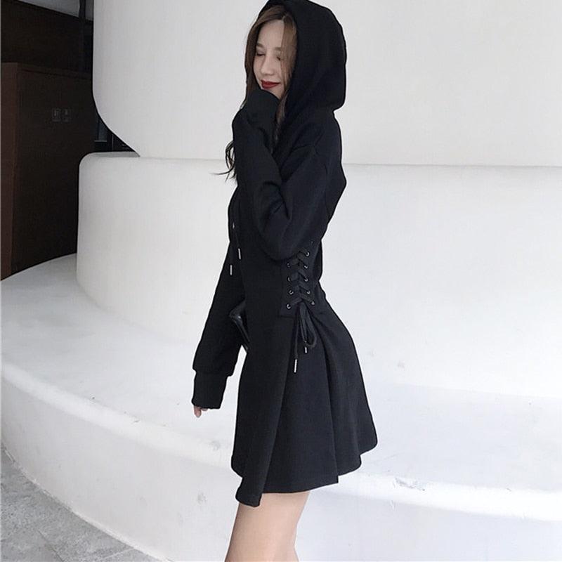 Spring 2022 Hooded Dress Women Lace Up Waist Slim Black Gothic Dress Female Short Mini Harajuku Streetwear Vestidos - DDD.MARKET