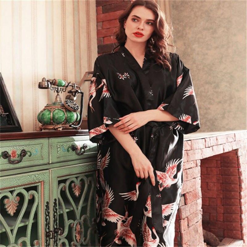 Japanese Style Long Loose Satin Peacock Woman Yukata Dress Pajamas Oriental Crane Kimono Haori Chinese Qipao Nightgown Robe - DDD.MARKET