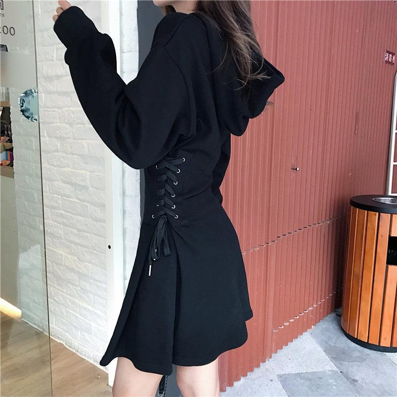 Spring 2022 Hooded Dress Women Lace Up Waist Slim Black Gothic Dress Female Short Mini Harajuku Streetwear Vestidos - DDD.MARKET