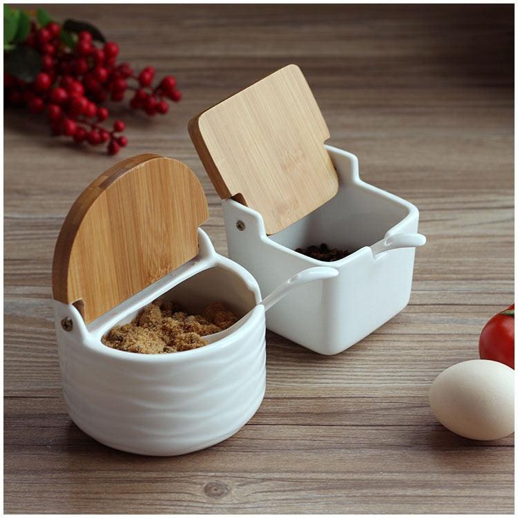 Set of 4 Ceramic Seasoning Rack Spice Pots Bowls With Spoon &amp; Porcelain Box and Bamboo Cover - Storage Container Condiment Jars - DDD.MARKET