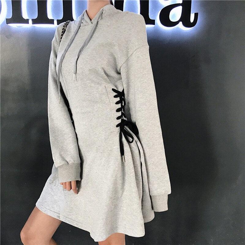 Spring 2022 Hooded Dress Women Lace Up Waist Slim Black Gothic Dress Female Short Mini Harajuku Streetwear Vestidos - DDD.MARKET