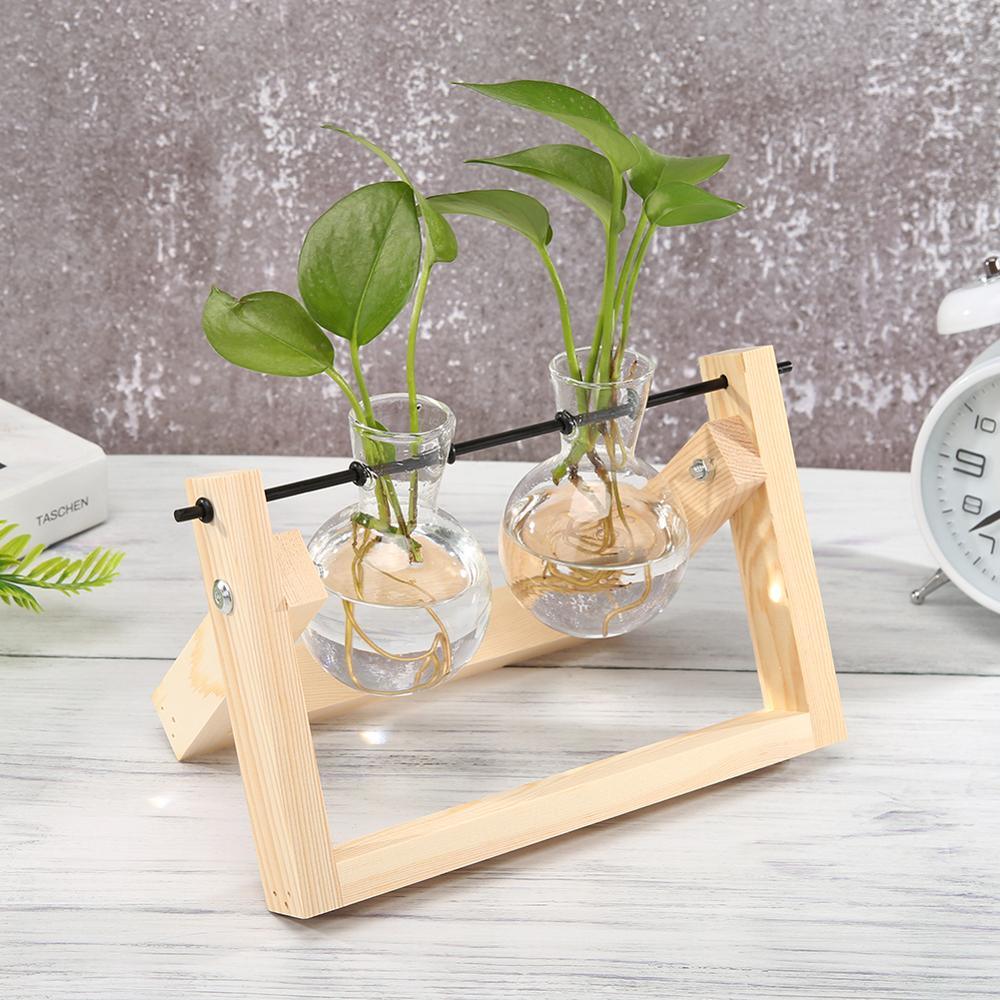 Glass and Wood Vase Planter Terrarium Table Desktop Hydroponics Plant Bonsai Flower Pot Hanging Pots with Wooden Tray Home Decor - DDD.MARKET