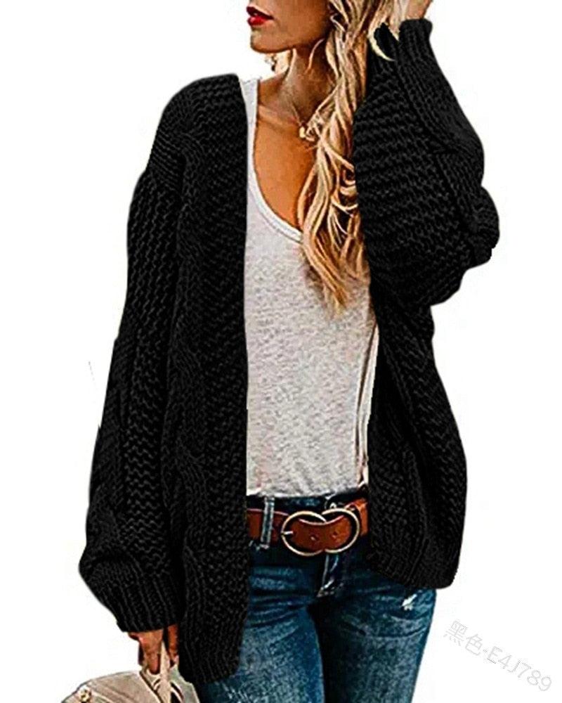 2021 spring and autumn new thick needle twist knit cardigan women&#39;s mid-length solid color casual loose coat cardigan - DDD.MARKET