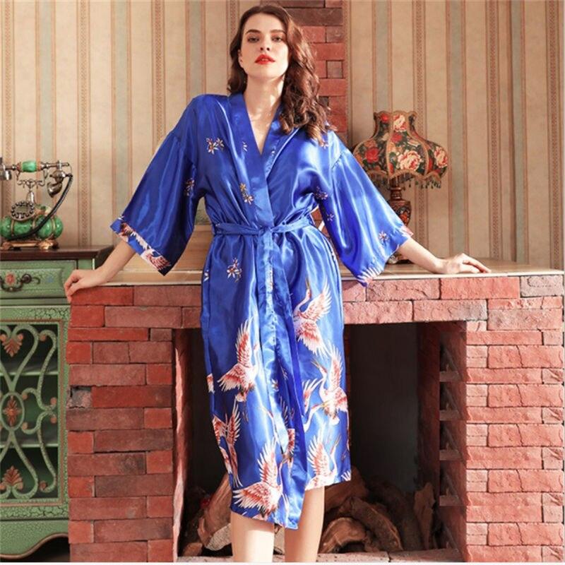 Japanese Style Long Loose Satin Peacock Woman Yukata Dress Pajamas Oriental Crane Kimono Haori Chinese Qipao Nightgown Robe - DDD.MARKET