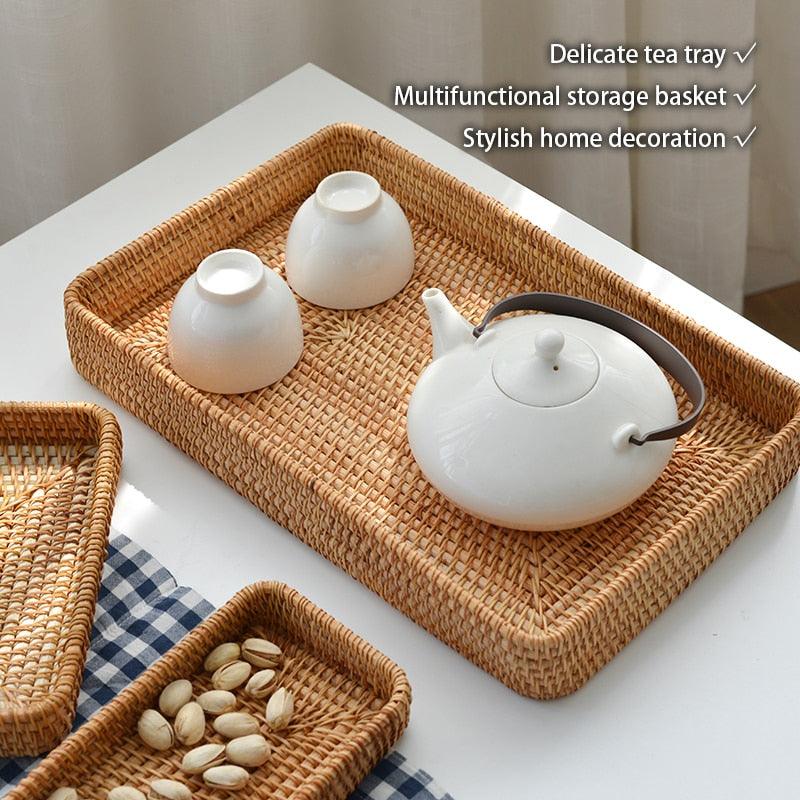 Handwoven Rattan Storage Tray Square Wicker Basket Bread Food Plate Fruit Cake Platter Dinner Serving Tray Kitchen Decoration - DDD.MARKET