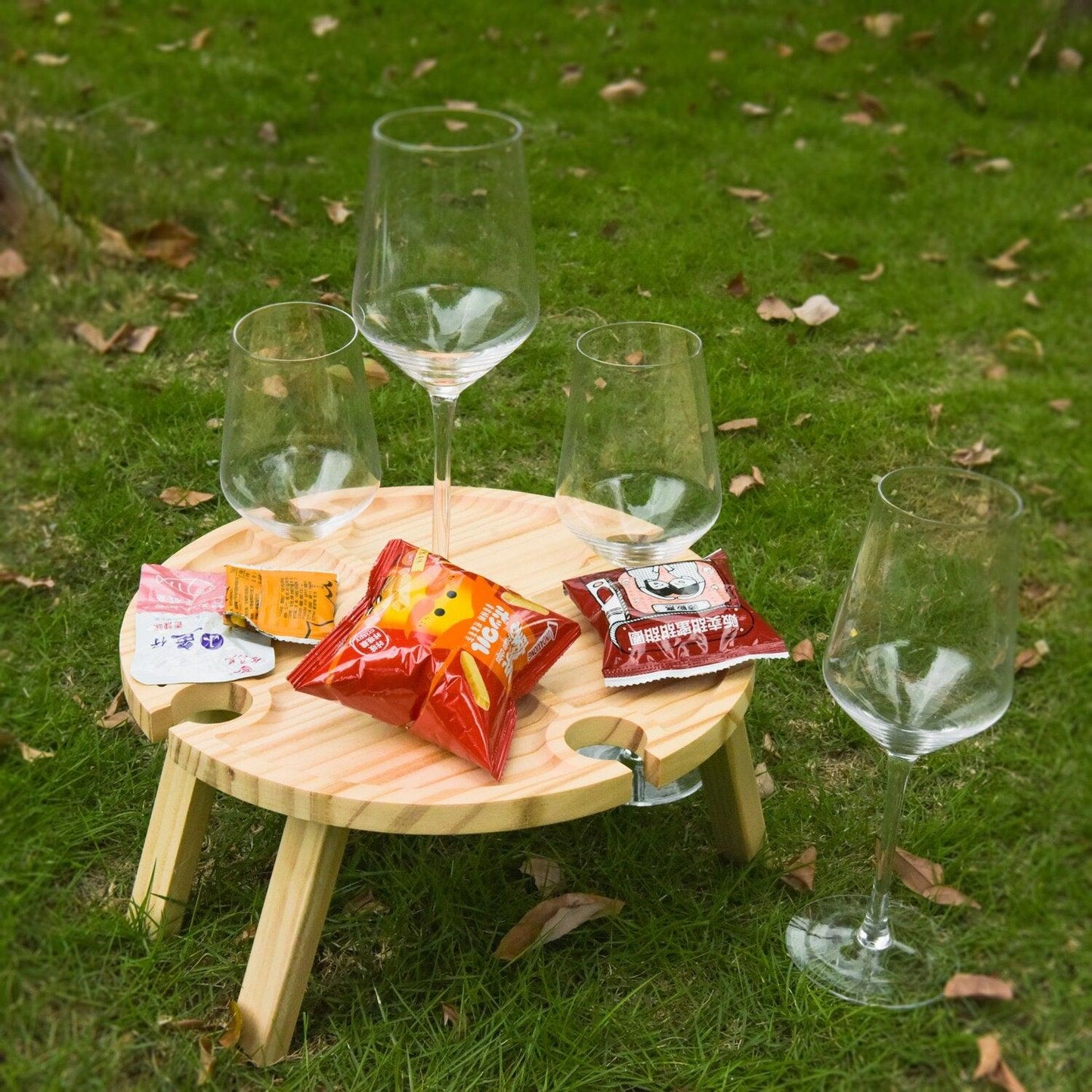 Portable Wooden Picnic Table Carry Handle Outdoor Folding Wine Table Removable Wine Glass Holder Folding Table Fruit Snack Tray - DDD.MARKET