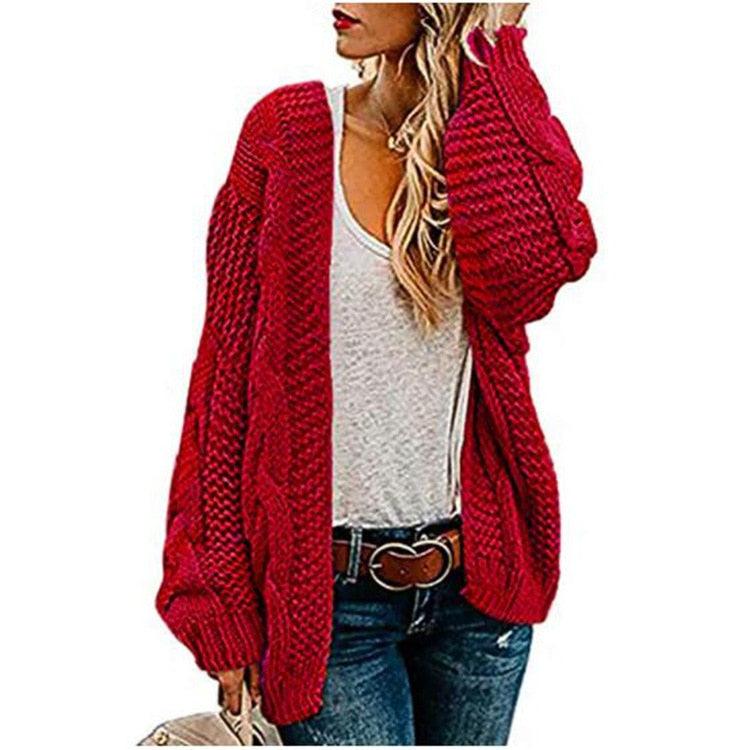 2021 spring and autumn new thick needle twist knit cardigan women&#39;s mid-length solid color casual loose coat cardigan - DDD.MARKET