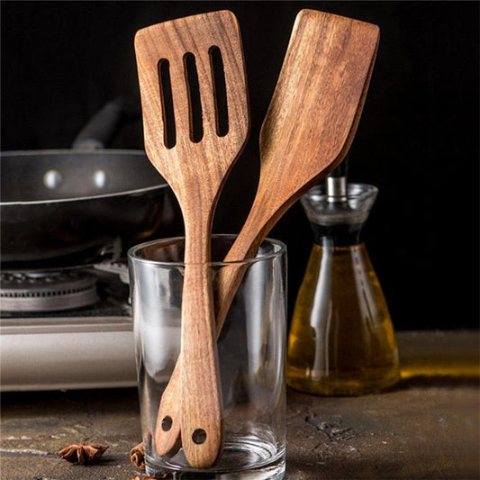 Teak Natural Wooden Tableware Spatulas Turners Long Handle Non-stick Kitchen Cooking Special Shovel Spatula Kitchen Tool Kits - DDD.MARKET