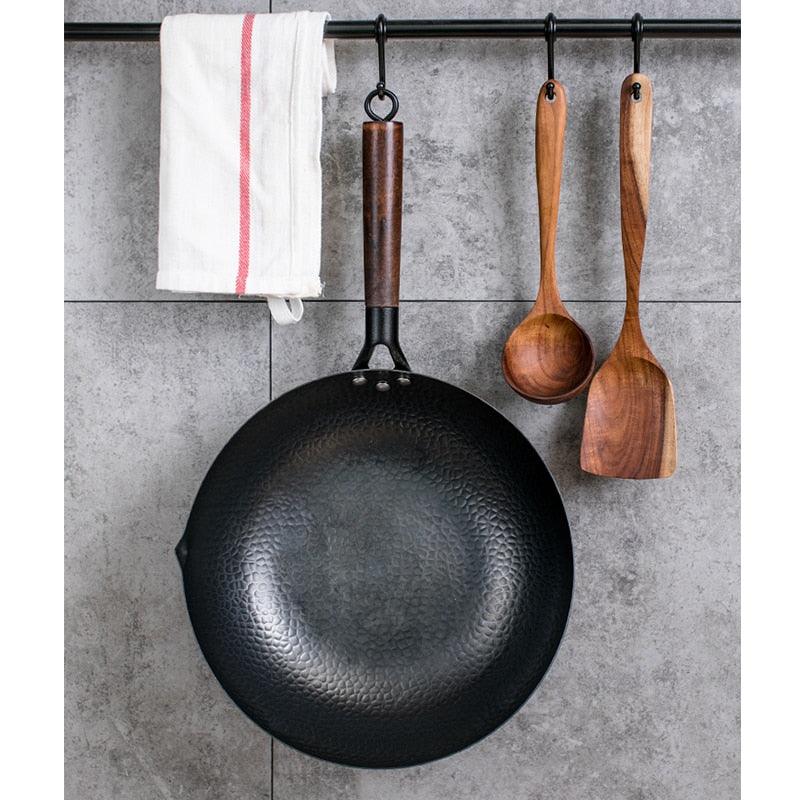 Carbon Steel Wok Pan 32cm Stir Fry Wok Set with Wooden Lid Non-Stick Flat Bottom Frying Pan for Electric Induction and Gas Stove - DDD.MARKET