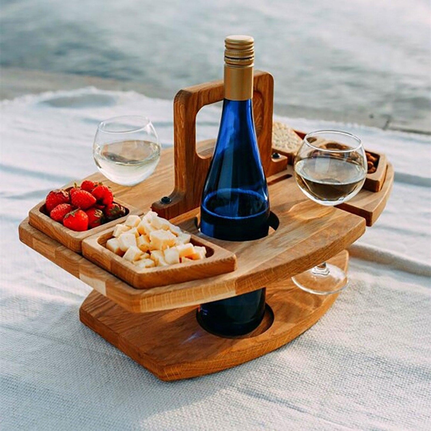 Portable Wooden Picnic Table Carry Handle Outdoor Folding Wine Table Removable Wine Glass Holder Folding Table Fruit Snack Tray - DDD.MARKET