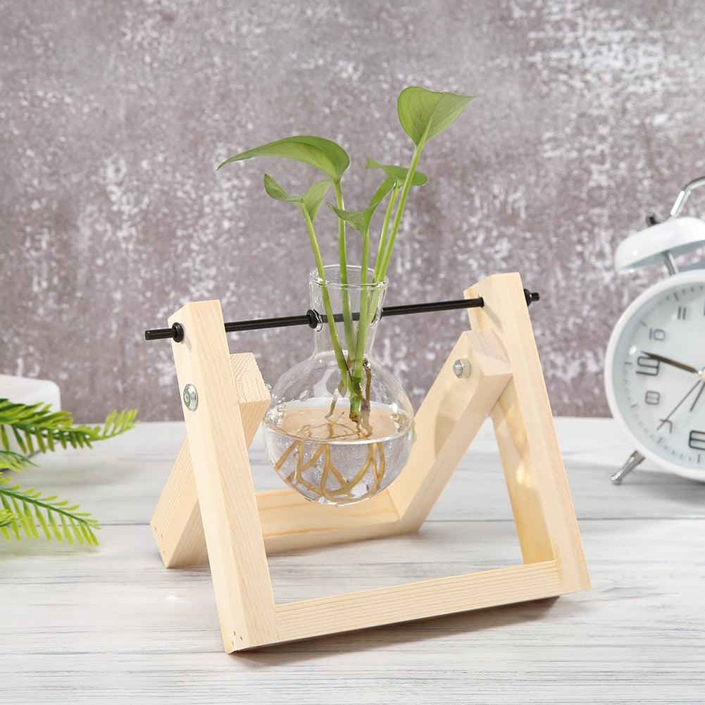 Glass and Wood Vase Planter Terrarium Table Desktop Hydroponics Plant Bonsai Flower Pot Hanging Pots with Wooden Tray Home Decor - DDD.MARKET