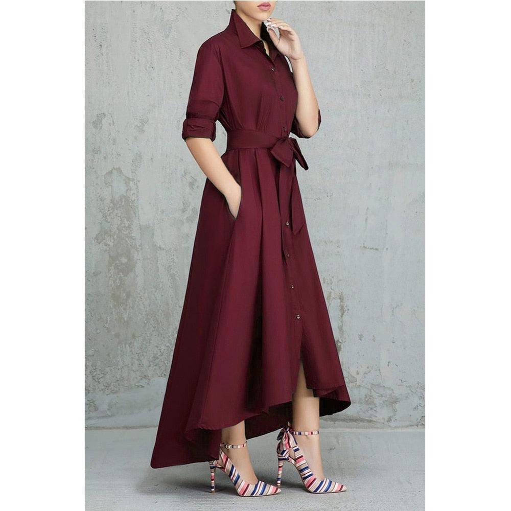 Irregular Long Shirt Dress Women Elegant A Line Turn-down Collar Lace Up Dress Bandage Office Lady Women Dress Vestido Robe - DDD.MARKET