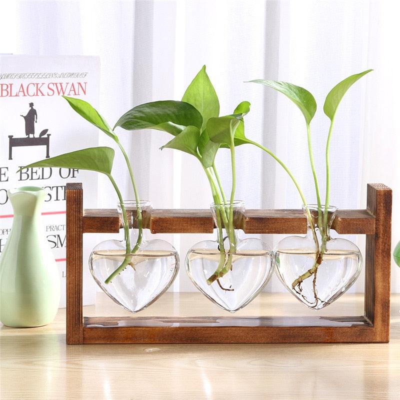 Glass and Wood Vase Planter Terrarium Table Desktop Hydroponics Plant Bonsai Flower Pot Hanging Pots with Wooden Tray Home Decor - DDD.MARKET