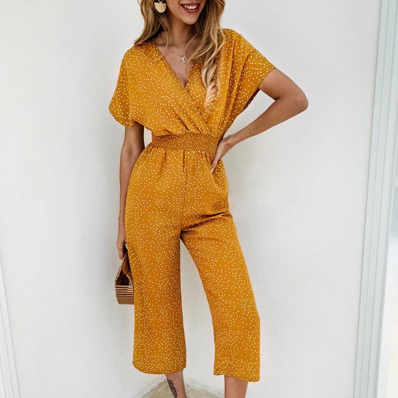 Lossky Women Jumpsuits Rompers Summer Casual Print V-neck Pocket Overalls Jumpsuit Short Sleeve Wide Leg Loose Jumpsuit - DDD.MARKET