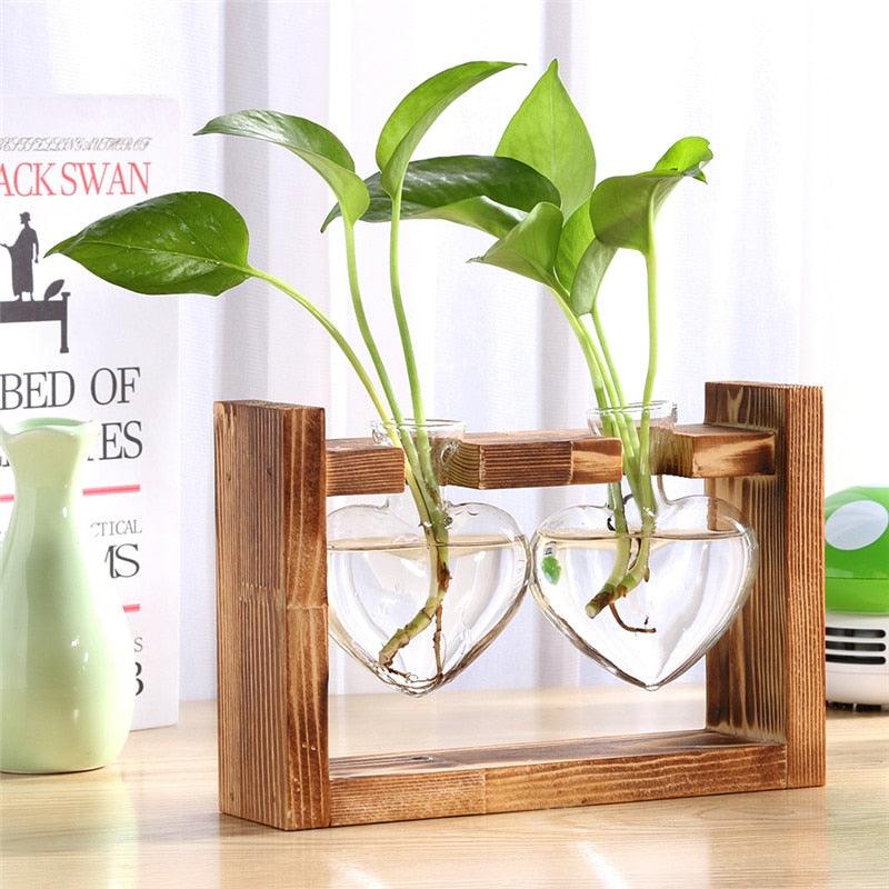 Glass and Wood Vase Planter Terrarium Table Desktop Hydroponics Plant Bonsai Flower Pot Hanging Pots with Wooden Tray Home Decor - DDD.MARKET