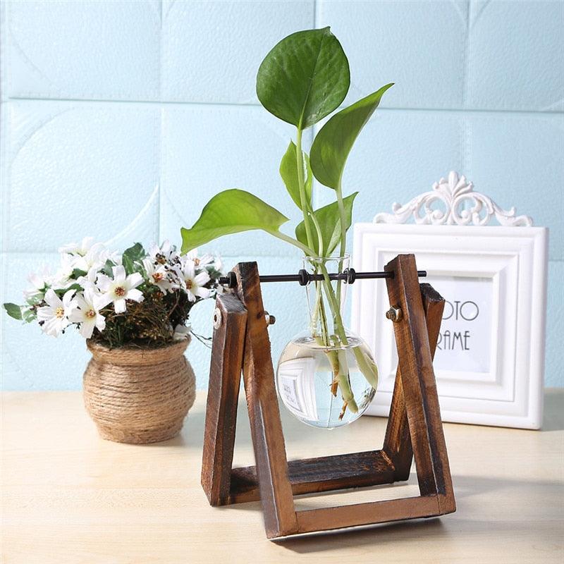 Glass and Wood Vase Planter Terrarium Table Desktop Hydroponics Plant Bonsai Flower Pot Hanging Pots with Wooden Tray Home Decor - DDD.MARKET